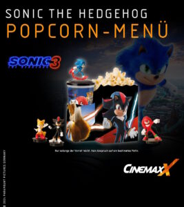 Sonic Popcorn-Menü im Cinemaxx mit Sammelbecher, Topper und Popcorn-Verpackung